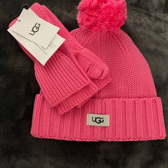 UGG Accessories - UGG Hot Pink Knit Pom Beanie with Matching Mittens, NWT.
